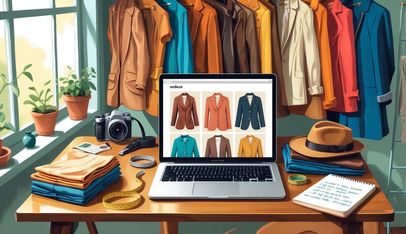 A home office with a laptop showing vintage clothing, surrounded by folded clothes, a measuring tape, a camera, and a clothing rack with vintage garments.