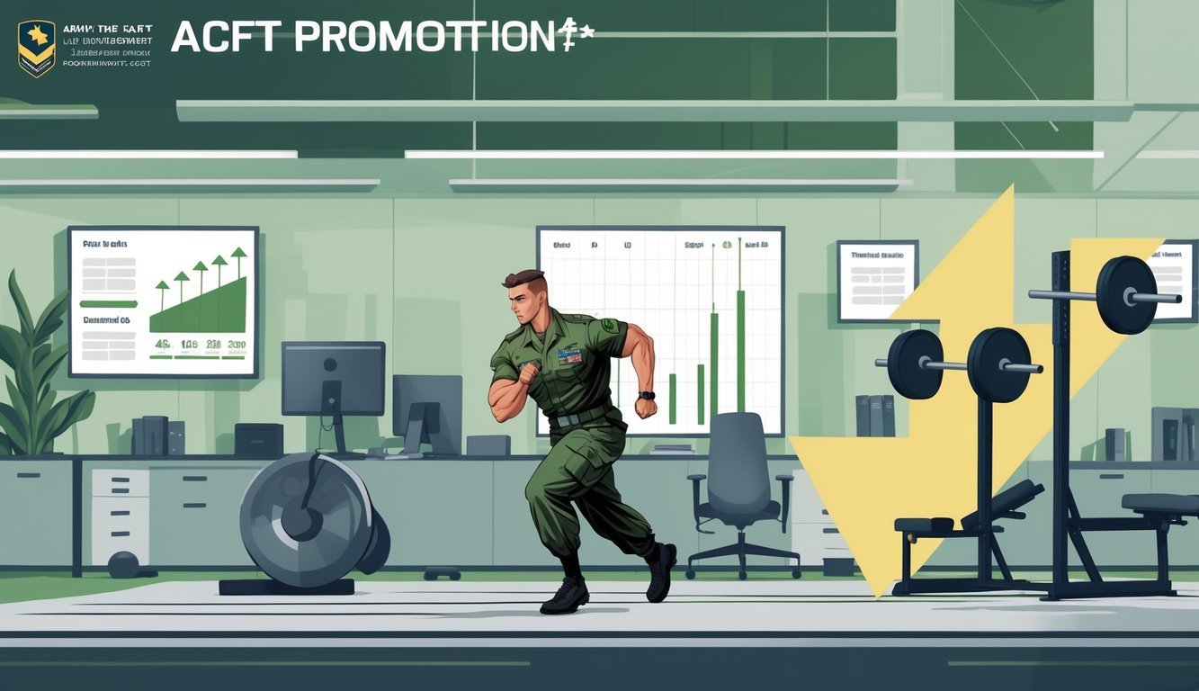 A soldier in uniform performing fitness exercises with graphical indicators of progress and a promotion chart in the background.