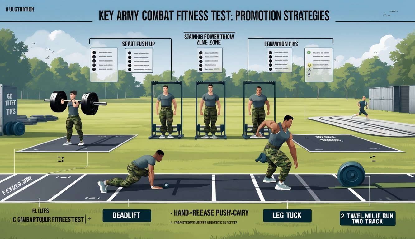 Soldiers performing six different Army Combat Fitness Test exercises on a training ground with visual elements representing promotion strategies.