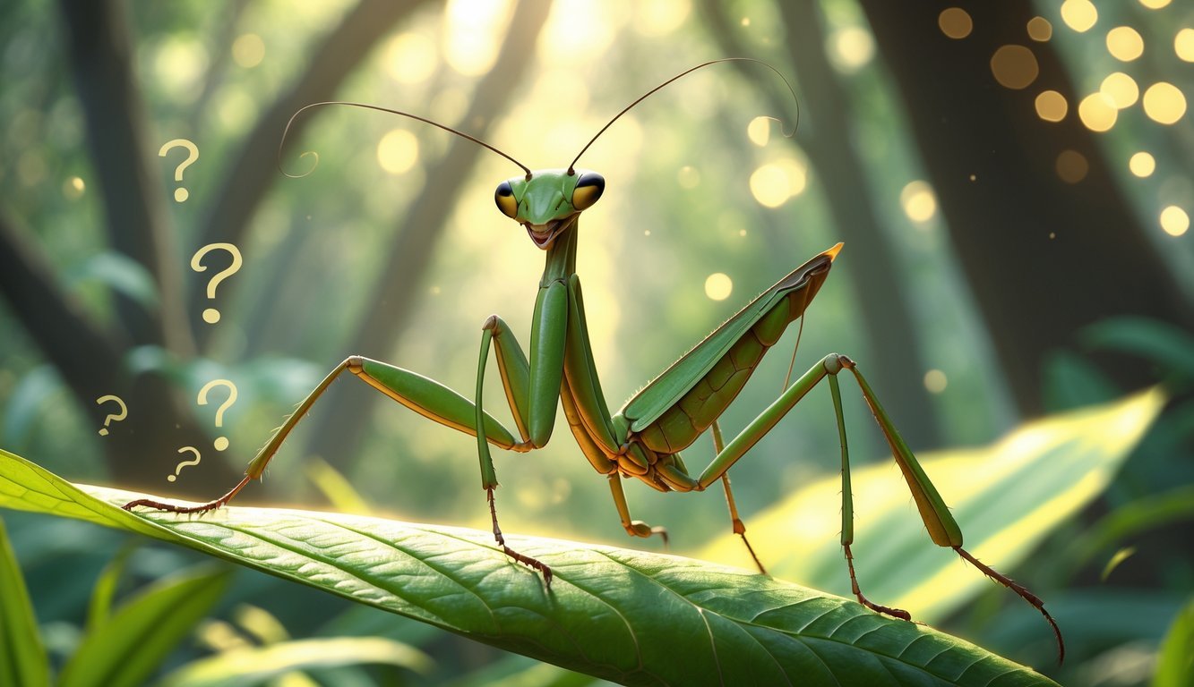 A praying mantis sitting on a green leaf with blurred plants and sunlight in the background.