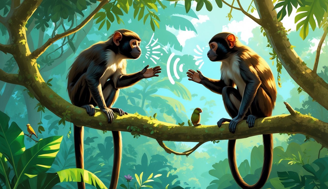 Two tamarin monkeys sitting on tree branches in a rainforest, one making sound waves toward the other to show peaceful communication.