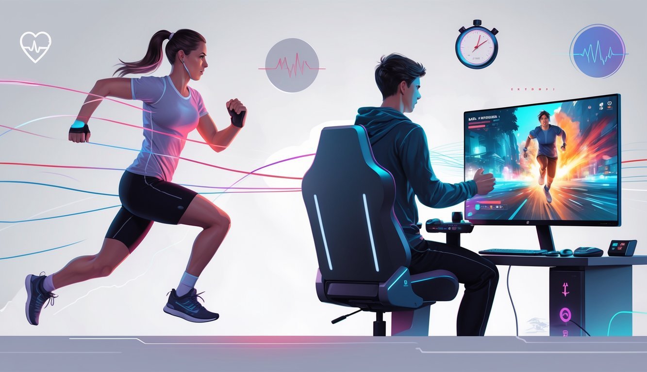 A person exercising and then playing video games, connected by glowing lines showing how exercise improves gaming performance.