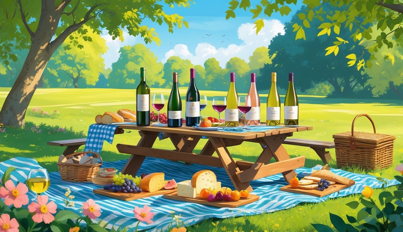 A sunny summer picnic scene with a wooden table set with various wine bottles, glasses, cheeses, fruits, and bread in a green park surrounded by trees and flowers.