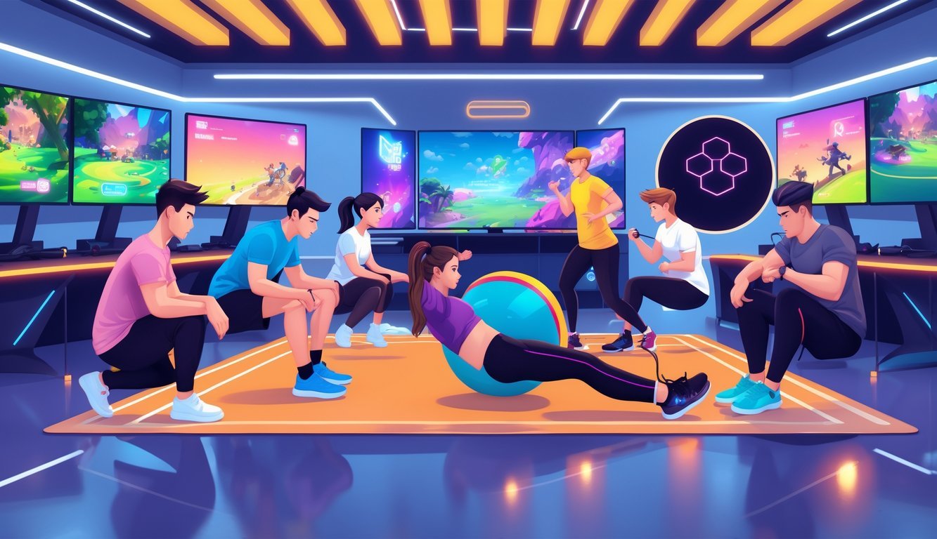 A group of gamers performing various physical exercises in a gaming lounge with video game screens in the background, showing the connection between exercise and improved gaming performance.