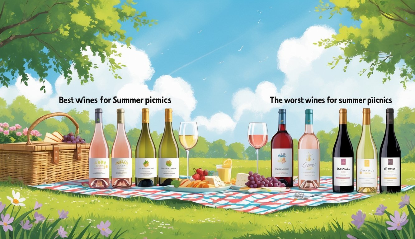 A summer picnic scene with two groups of wine bottles on a blanket, one group with light wines and fresh snacks, and the other with heavier wines and less appealing picnic items.
