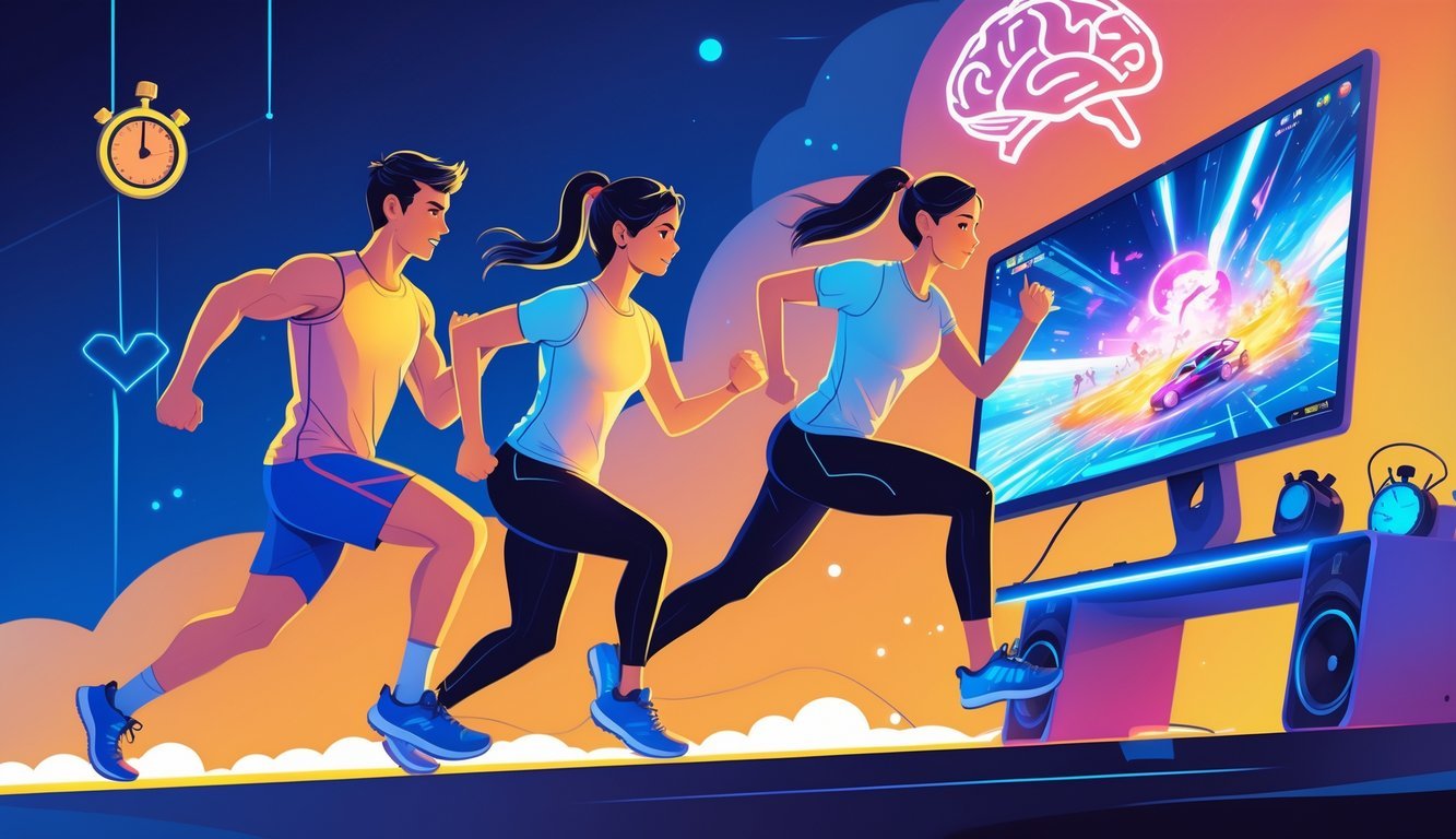 A young man and woman exercising near a video game setup showing an action game on the screen, with icons representing fitness and brain activity in the background.