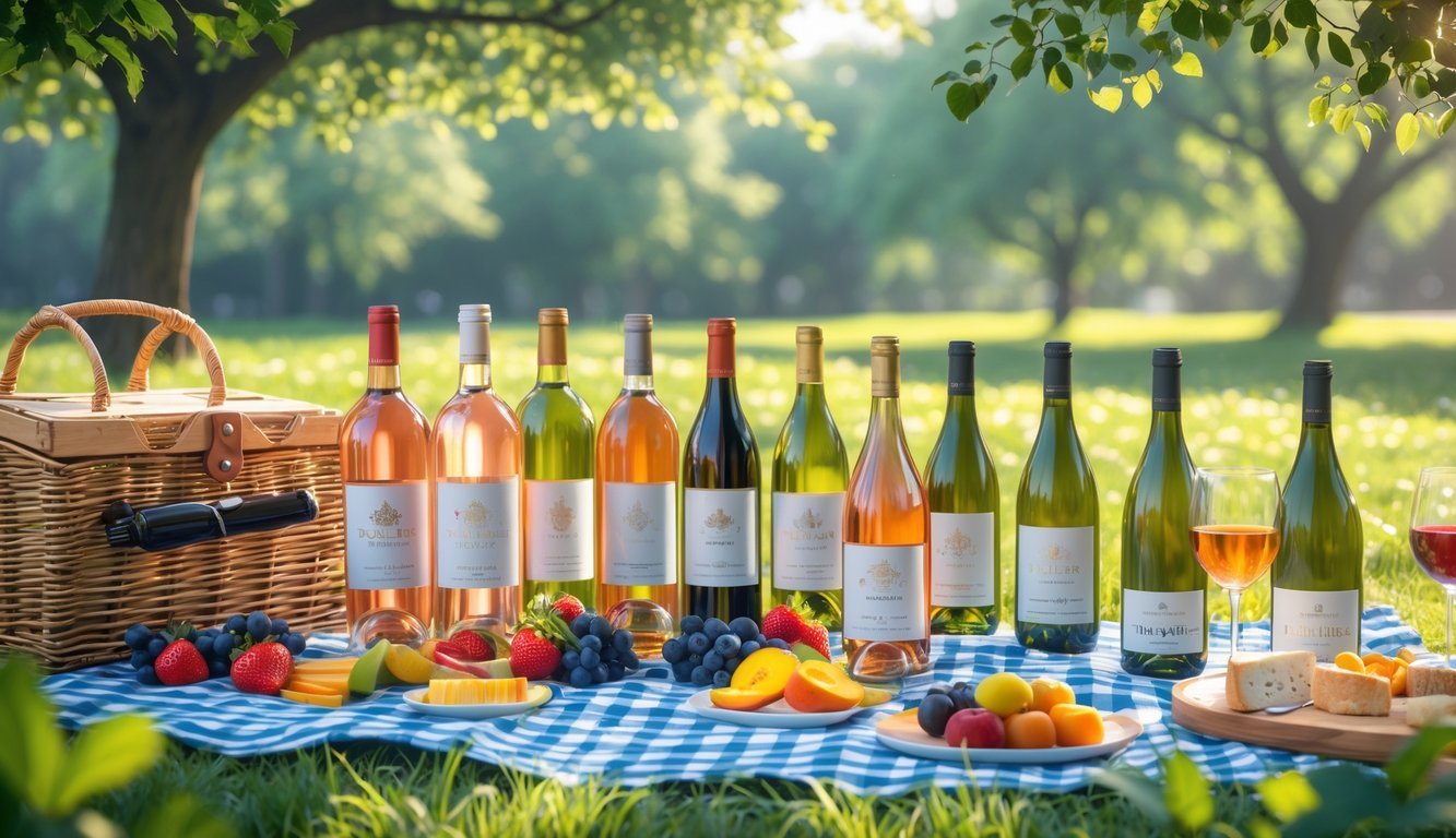 A summer picnic scene showing two groups of wine bottles on a checkered blanket with fruits, glasses, and picnic baskets in a sunny park.