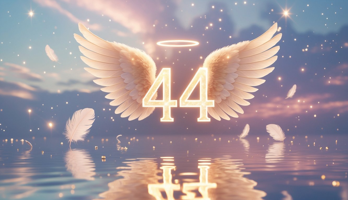 A glowing number 414 floating above calm water with angel wings and soft light in a peaceful dawn sky.