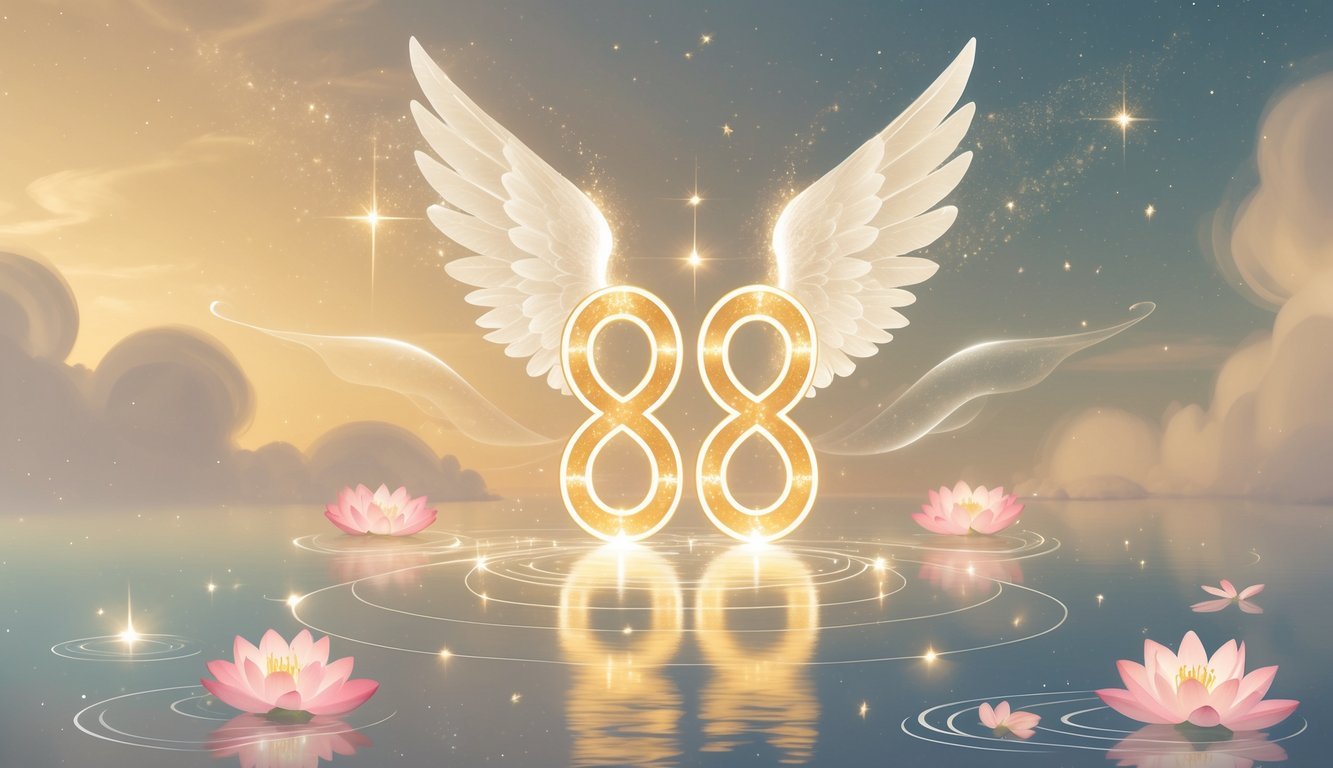 A glowing number 8686 with angel wings floating in a soft, glowing sky surrounded by symbols of balance, harmony, and spiritual growth.