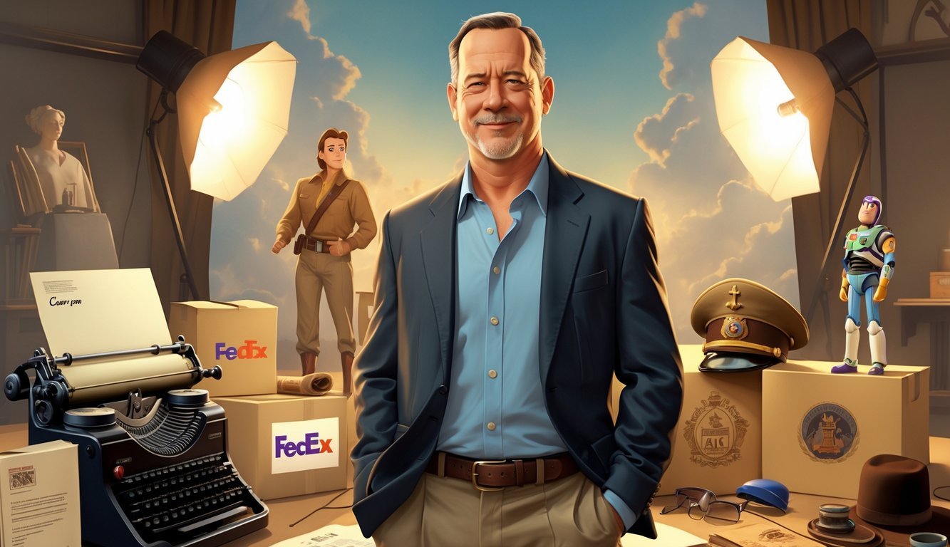 A man resembling Tom Hanks stands confidently on a movie set surrounded by objects symbolizing his famous film roles.