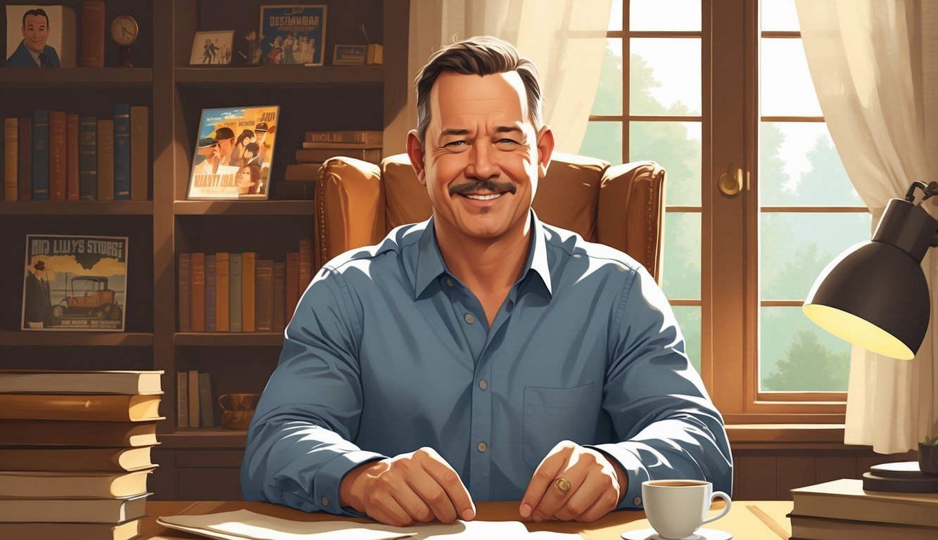 A man resembling Tom Hanks sitting at a desk in a cozy study filled with books and movie memorabilia, smiling thoughtfully.