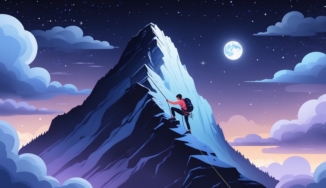 A person climbing a tall mountain under a starry twilight sky surrounded by soft clouds and dreamlike shapes.