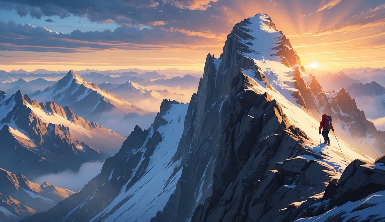 A lone climber ascending a steep mountain peak at sunrise, surrounded by distant mountains and rugged terrain.