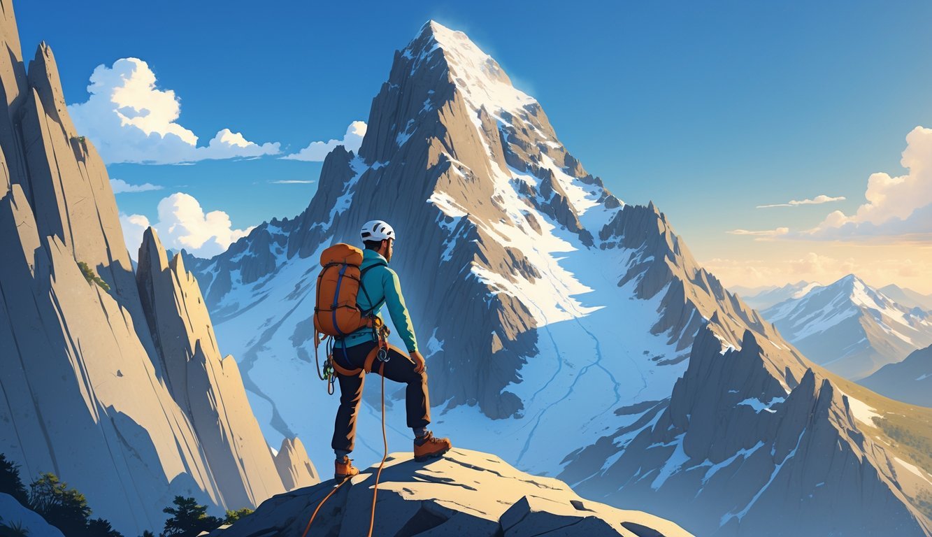 A person climbing a tall mountain with rocky terrain and snow patches, surrounded by distant mountains under a partly cloudy sky.