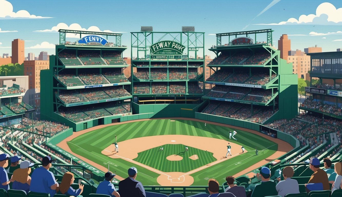 A detailed view of Fenway Park filled with spectators watching a baseball game, showing the stadium seating and the field.
