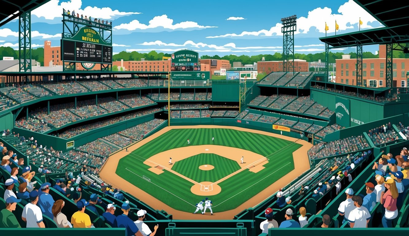 Aerial view of Fenway Park filled with fans during a baseball game, showing the seating sections and the field.