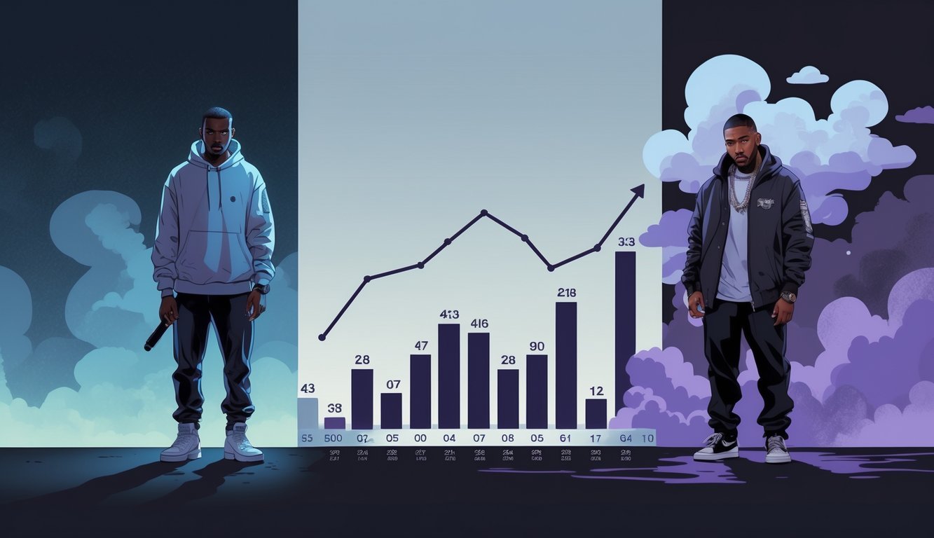 Two rappers standing on opposite sides of a timeline with a rising graph made of soundwaves between them, surrounded by dark cloud shapes representing emotional struggle.