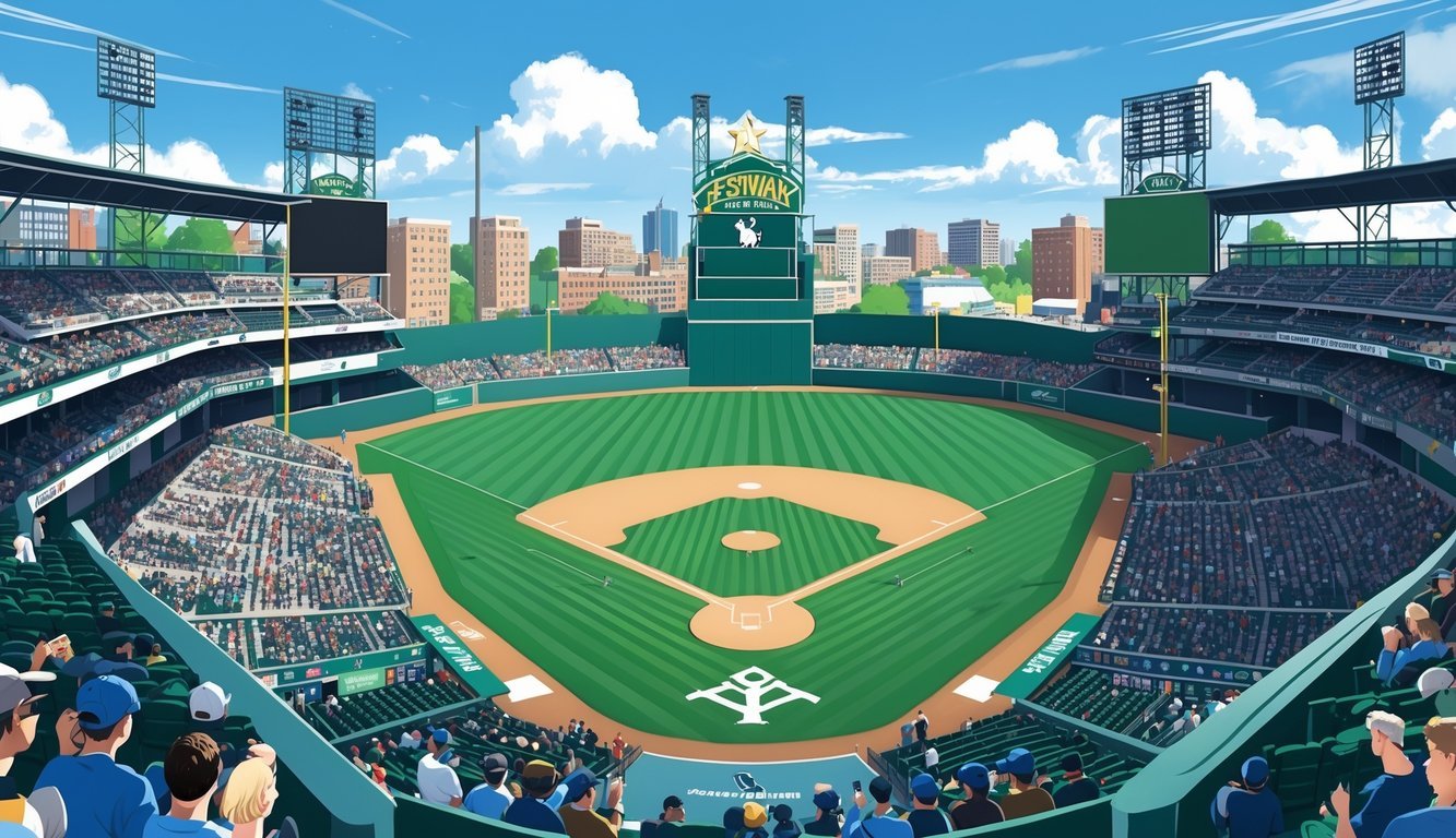 An aerial view of Fenway Park showing the baseball field surrounded by full seating areas and the Green Monster wall.