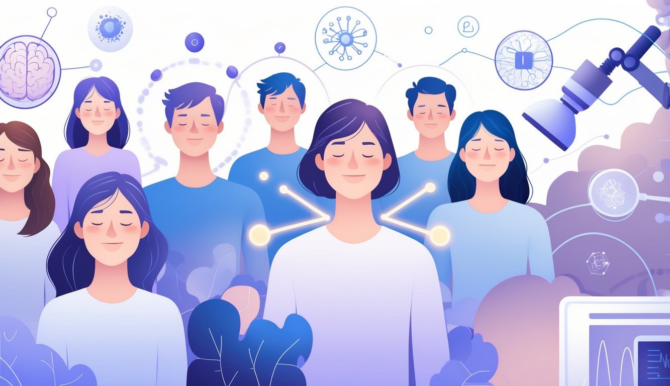 People experiencing gentle tingling sensations with glowing light effects around their heads, surrounded by abstract brainwave and scientific symbols.