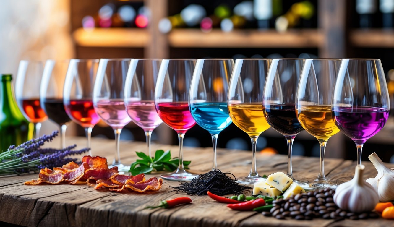 A table with ten wine glasses filled with colorful wines, each surrounded by ingredients like lavender, bacon, chili peppers, blue cheese, seaweed, garlic, rose petals, truffles, coffee beans, and jalapeños.
