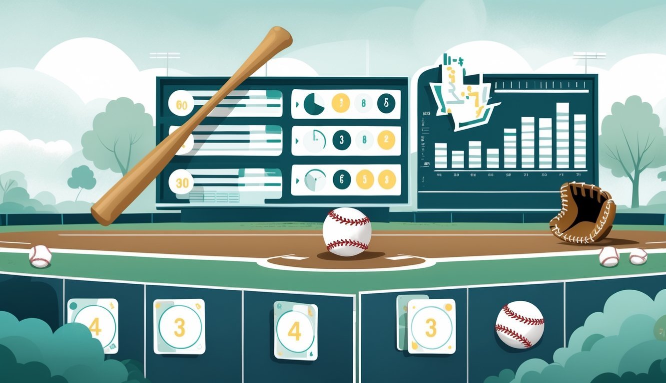 An illustration showing baseball equipment and abstract graphs representing baseball statistics on a baseball field background.