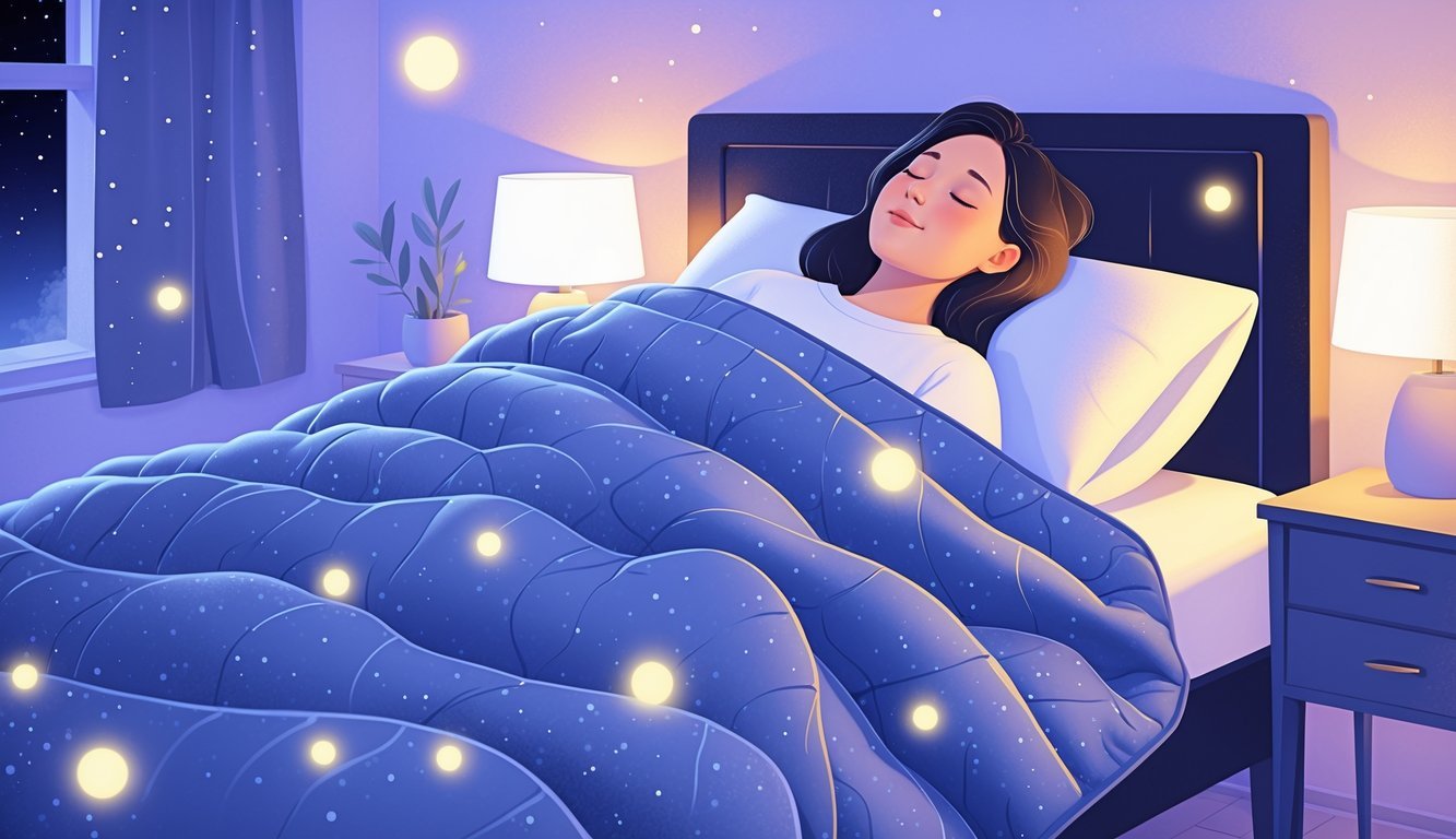 A person peacefully sleeping in bed covered by a weighted blanket in a calm bedroom at night.