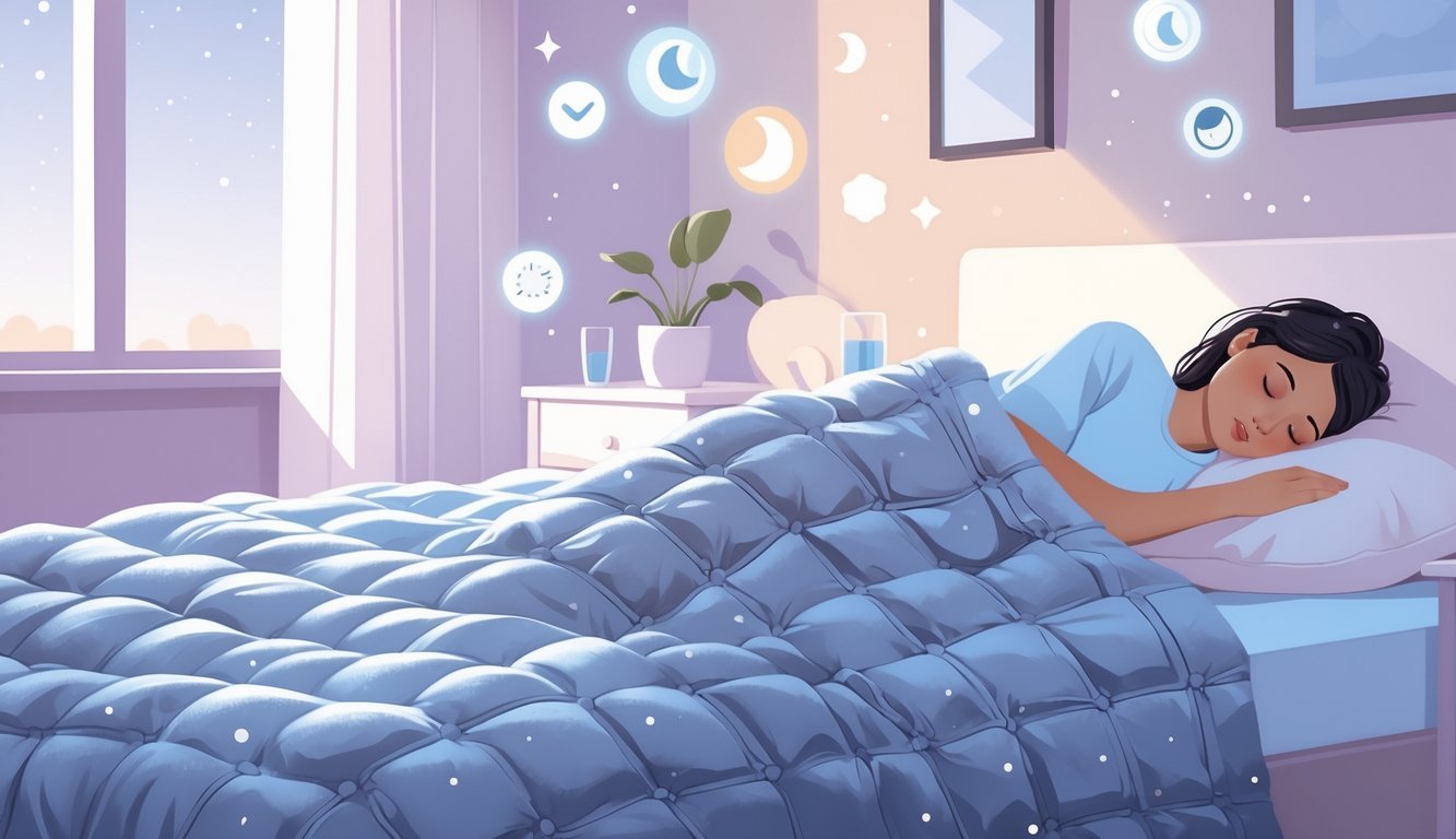 A person peacefully sleeping under a weighted blanket in a calm bedroom setting, surrounded by gentle symbols representing better sleep and health.