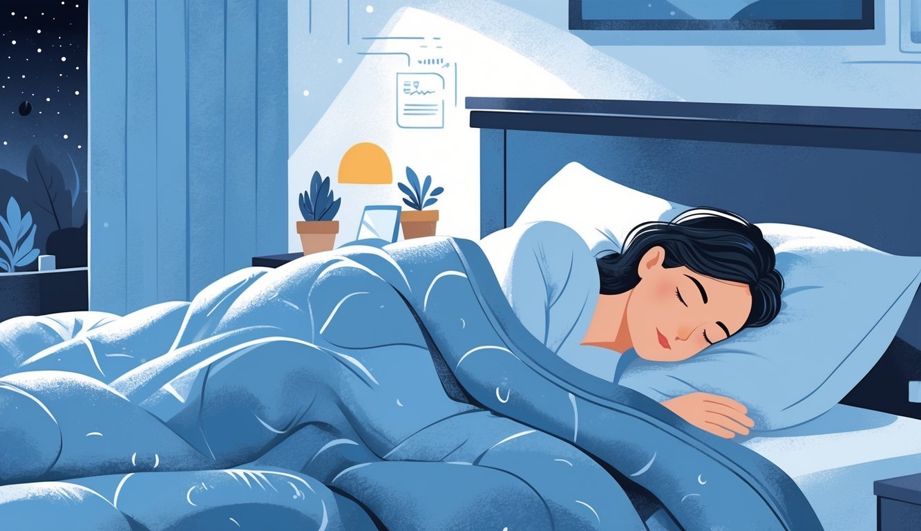 A person sleeping peacefully under a weighted blanket in a calm bedroom at night.