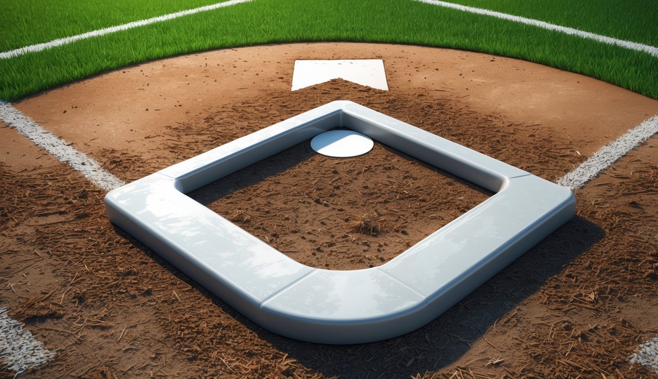 A baseball home plate set on a field with dirt batter's boxes and green grass surrounding it.