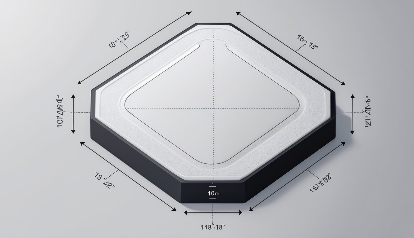 Top-down view of a baseball home plate showing its shape, materials, and dimensions with measurement lines and surrounding batter's and catcher's boxes.