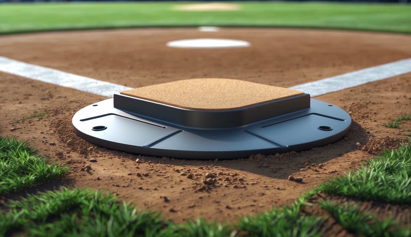 A close-up view of a baseball home plate on a well-maintained baseball field.