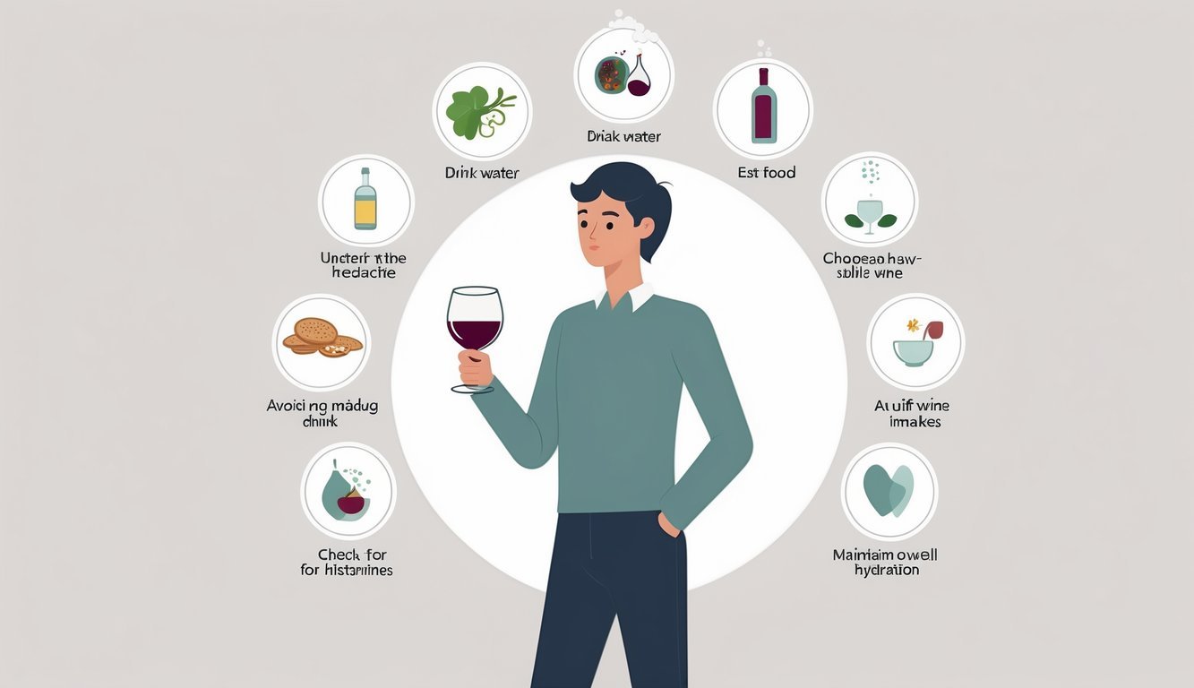 A person holding a glass of red wine surrounded by eight icons representing ways to avoid wine headaches, including drinking water, eating food, and resting.