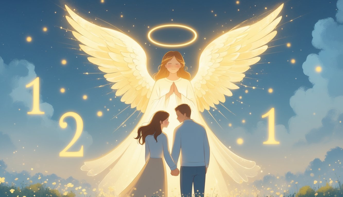 A glowing angel hovers above a couple holding hands in a peaceful natural setting with soft light and gentle clouds.