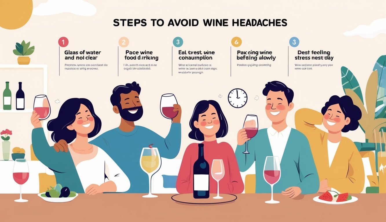 Illustration showing eight visual steps to avoid wine headaches, with people enjoying wine responsibly and icons representing hydration, eating, pacing, low alcohol, relaxation, quality wine, rest, and feeling well.