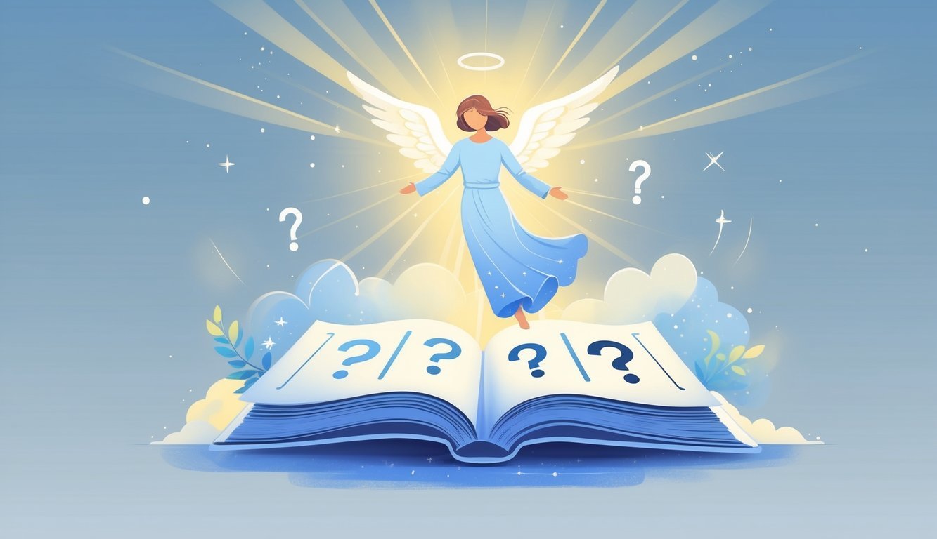 An angel hovering above an open book surrounded by glowing light, stars, and question mark symbols.