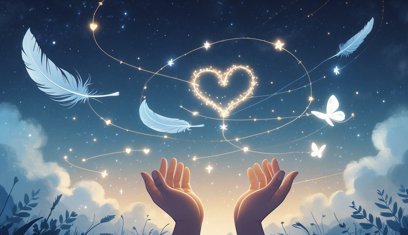 A pair of hands releasing a paper airplane that turns into a heart-shaped constellation in a starry twilight sky with glowing feathers and butterflies floating nearby.