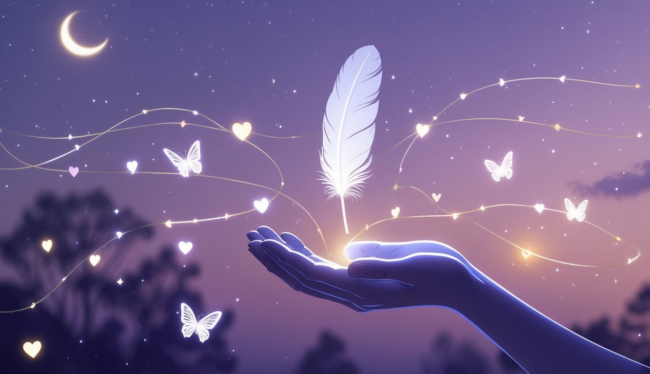 A glowing feather floating above an open hand with butterflies, stars, hearts, and a crescent moon in a twilight sky.