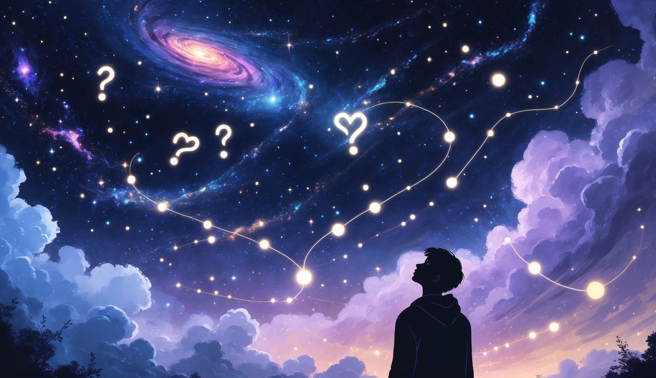 A person looking up at a starry sky filled with glowing stars, swirling galaxies, and subtle shapes like hearts and question marks formed by stars, suggesting a connection from the universe.