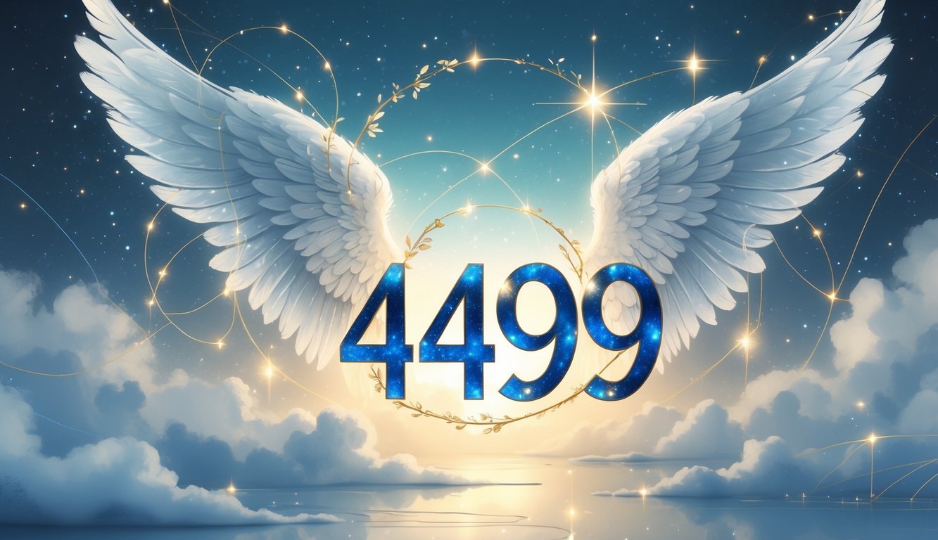 A pair of angel wings gently holding the glowing numbers 4499 surrounded by soft light and floating orbs against a starry sky background.