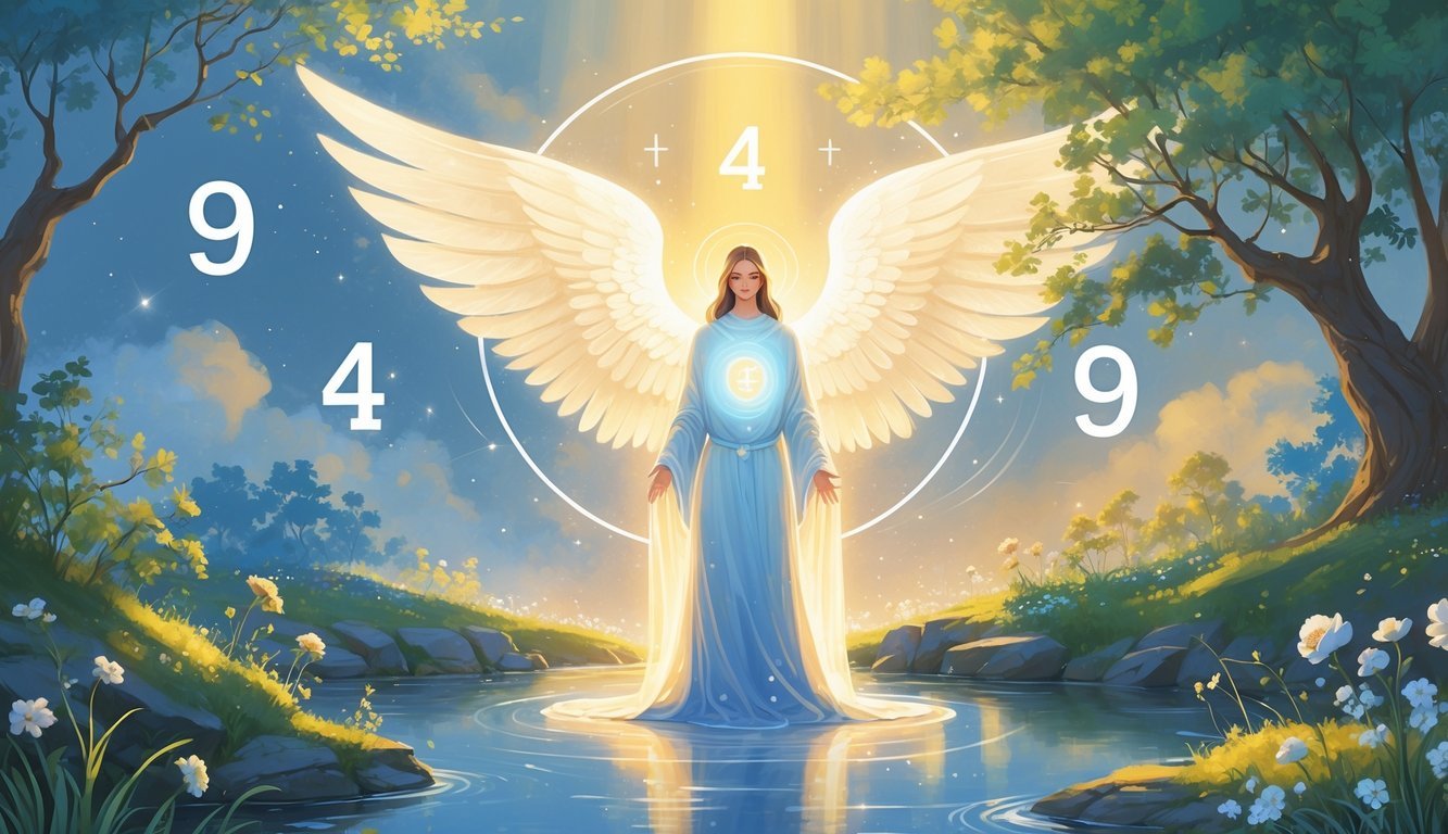 A glowing figure surrounded by light and nature elements like trees and a river, symbolizing guidance and positive transformation.