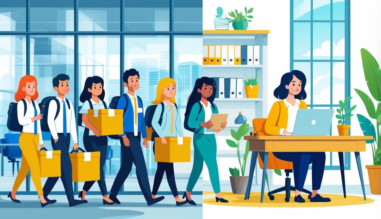 Employees leaving an office building with boxes while another person works happily at a home office desk.