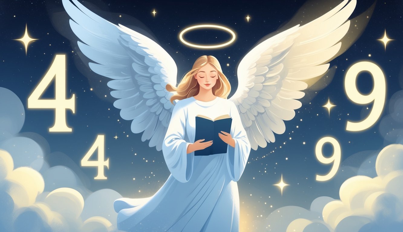 An angelic figure with wings holding a scroll surrounded by glowing numbers 4 and 9 against a soft, starry background.