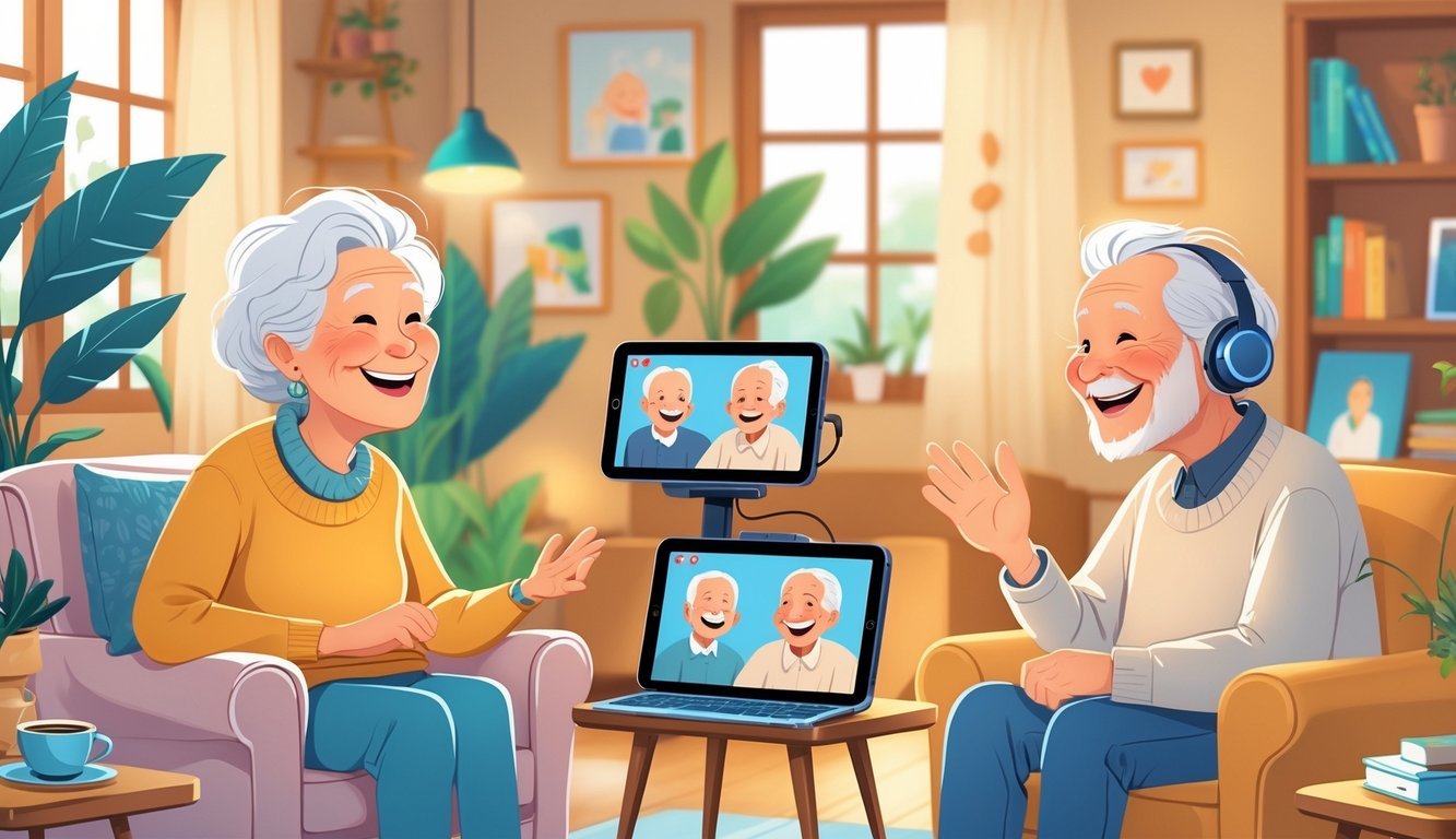 Two elderly people smiling and talking to each other on video calls using tablets in their cozy living rooms.