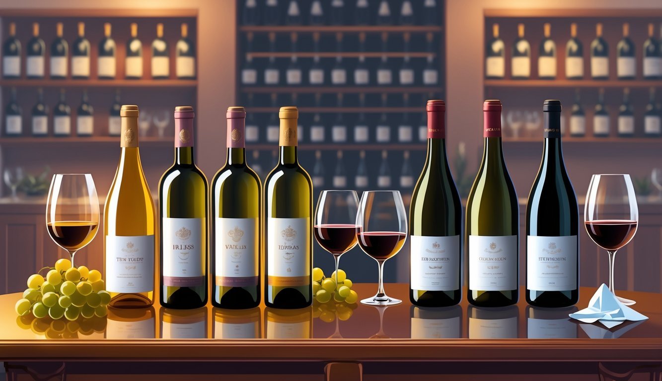 Two groups of wine bottles on a wooden table, one side with appealing bottles and a glass of wine, the other with less attractive bottles and a spilled glass, set in a wine cellar background.