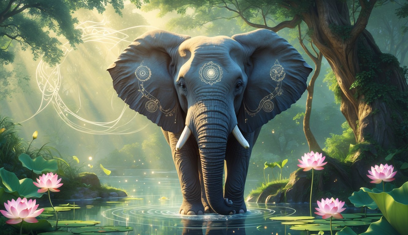A majestic elephant with intricate patterns on its skin stands peacefully in a natural setting surrounded by spiritual symbols and glowing light.