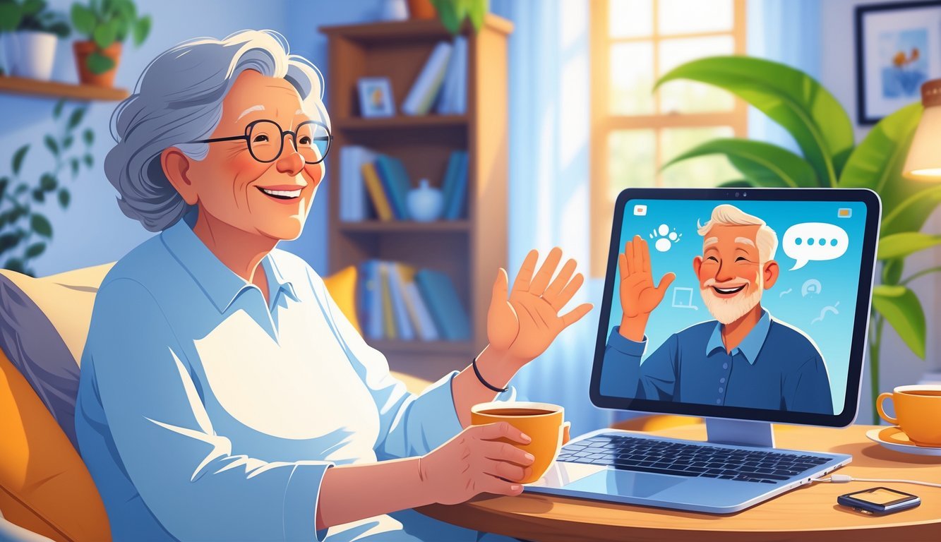 An elderly woman and a younger man smiling and talking to each other through a video call on a tablet in a cozy living room.