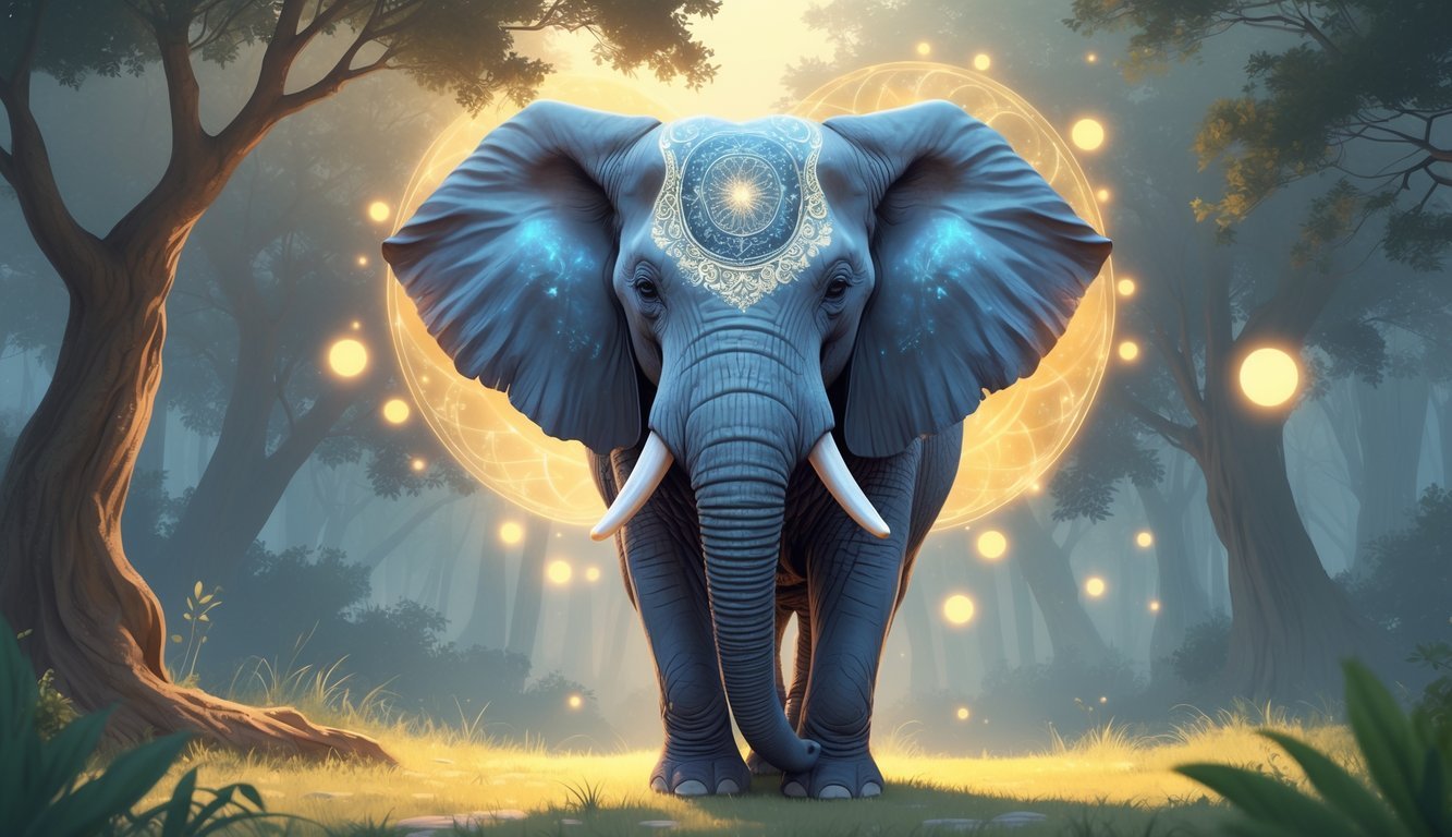 A wise elephant standing calmly in a peaceful forest with glowing light and mystical symbols around it.