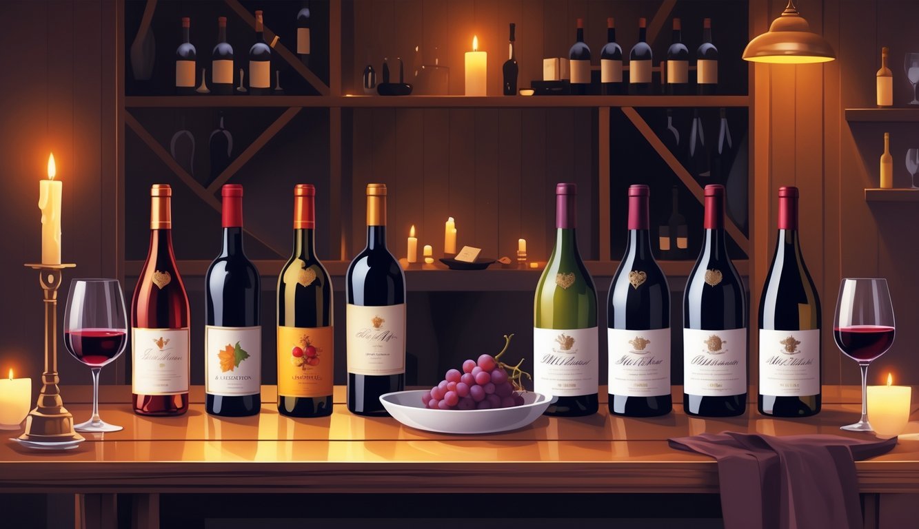 A table displaying two groups of wine bottles with glasses and small snacks in a cozy wine cellar setting.