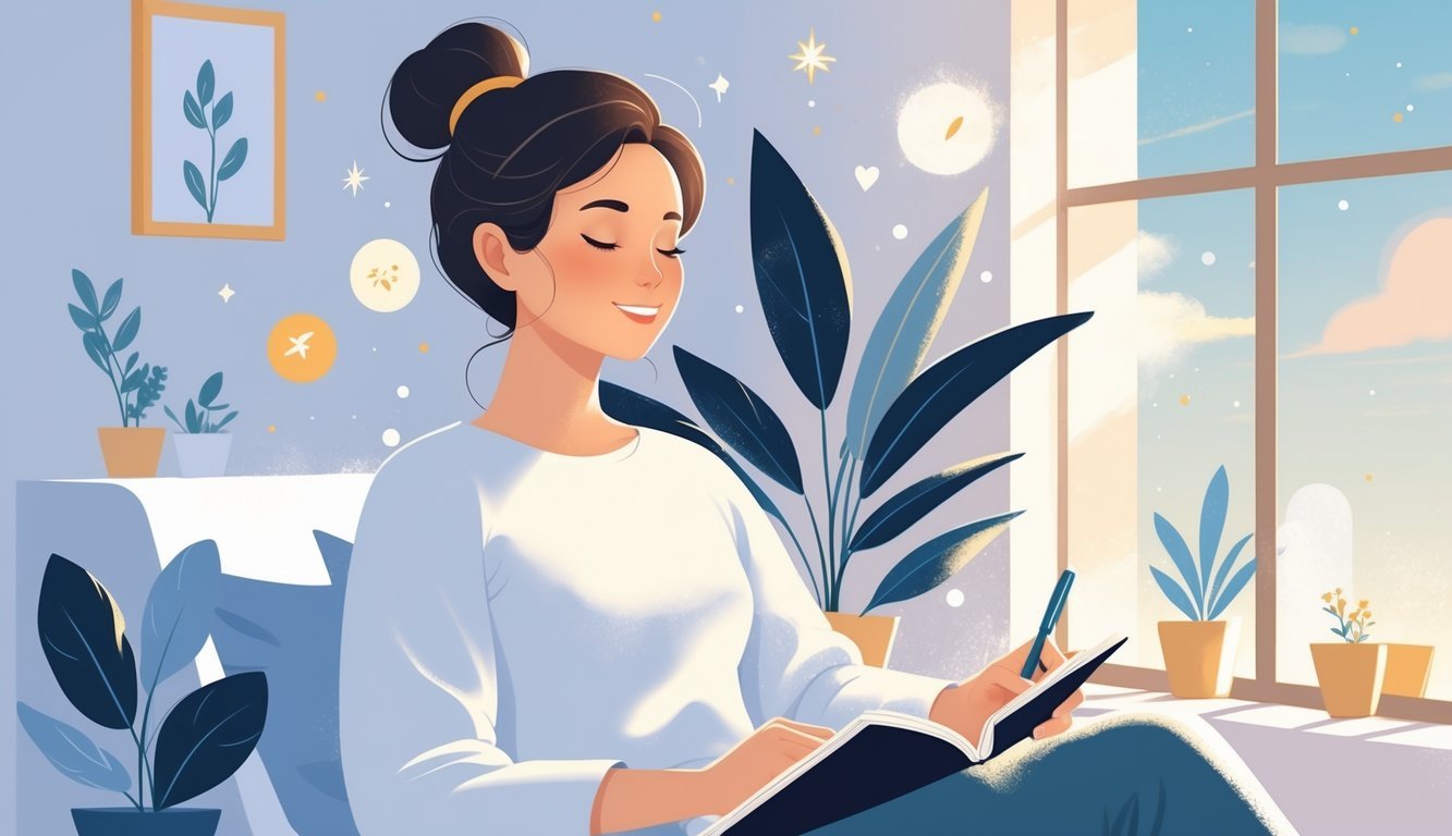 A person sitting in a bright room, writing in a journal surrounded by symbols of growth and positivity.