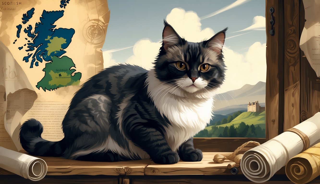 A Scottish Fold cat with folded ears sitting on a wooden table, with a map of Scotland and a castle silhouette in the background.